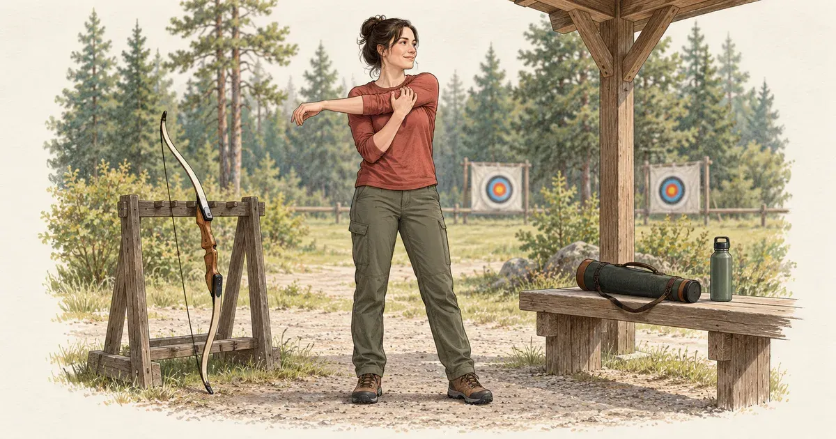 Illustration of warming up, drinking water and resting during archery.