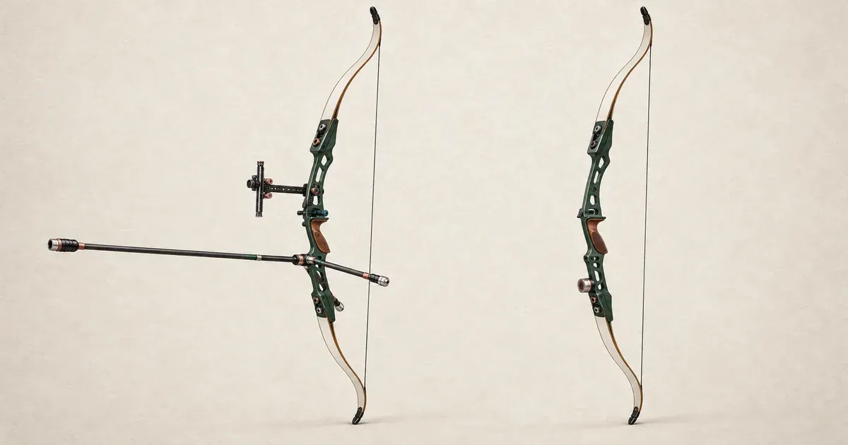 Иллюстрированное сравнение олимпийского лука с аксессуарами и barebow.