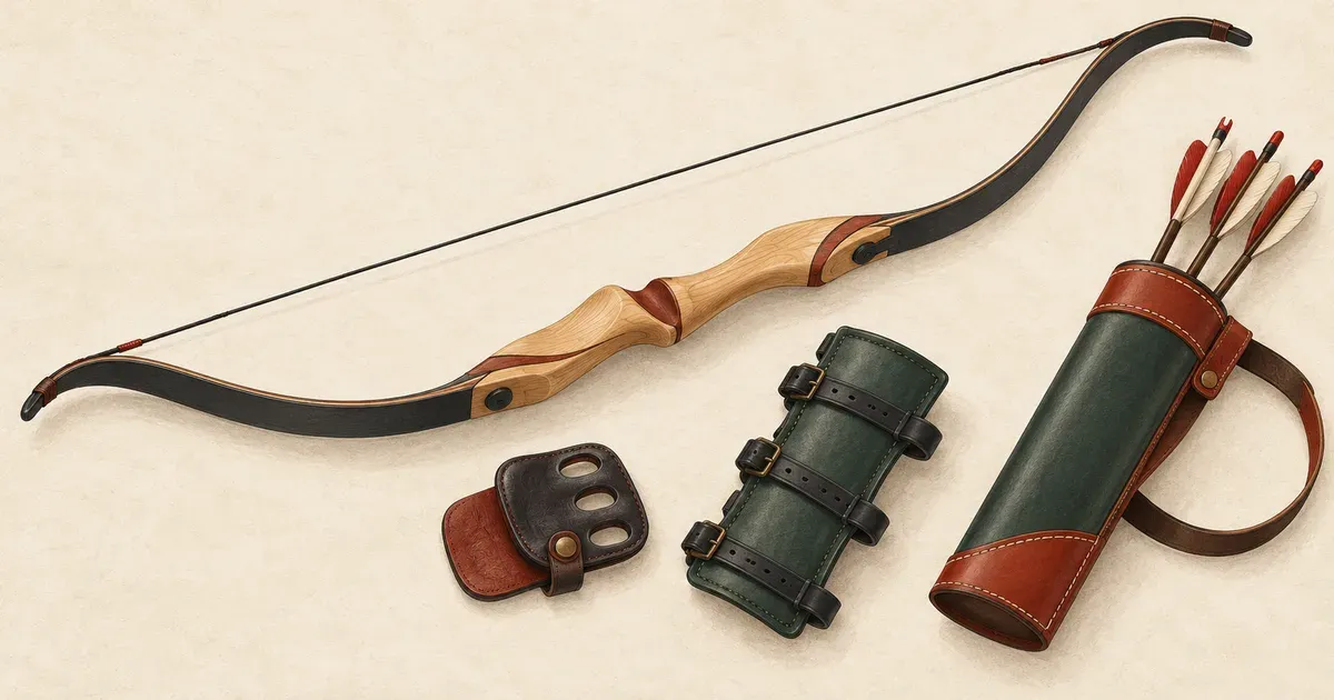 Illustration of junior-sized bows and protective equipment.