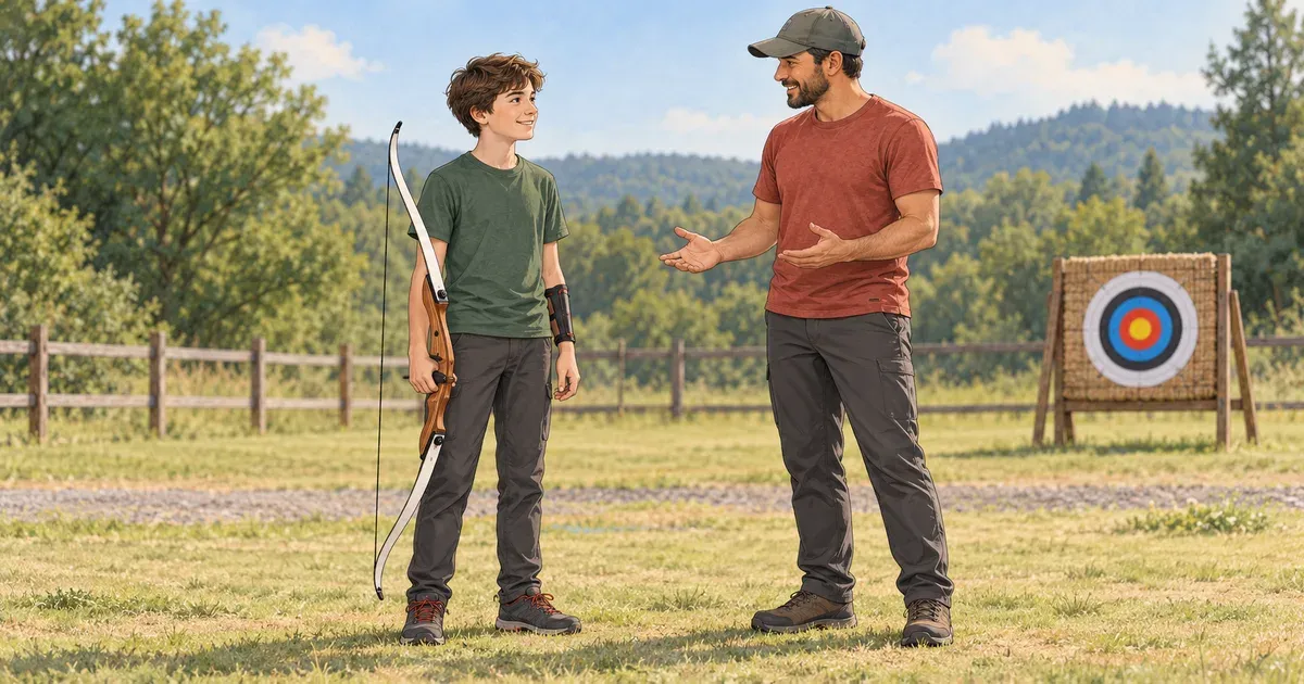 Illustration of a supervised junior introduction to archery.