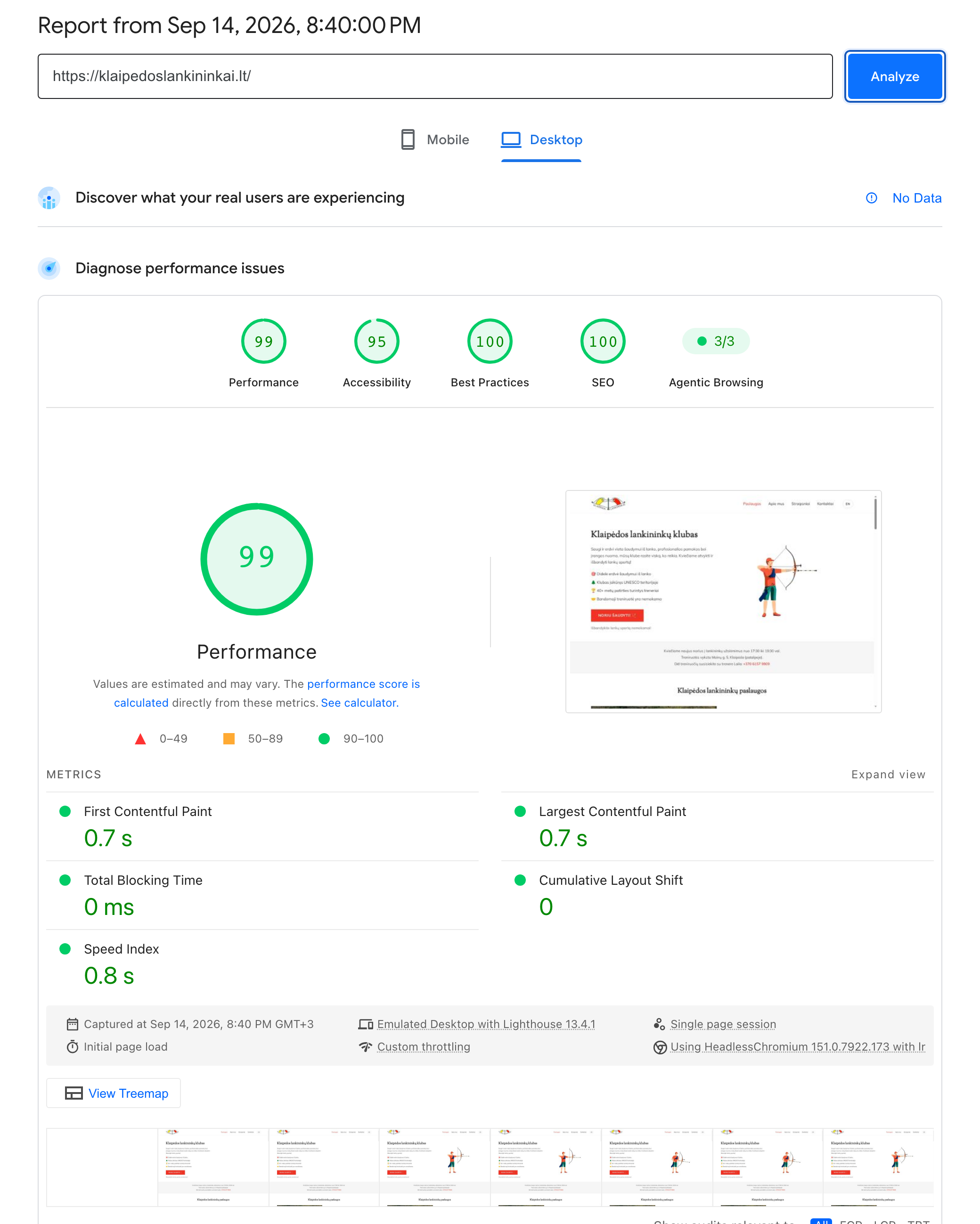 Google PageSpeed Insights kompiuterio ataskaita: klaipedoslankininkai.lt, našumas 99, LCP 0,7 s