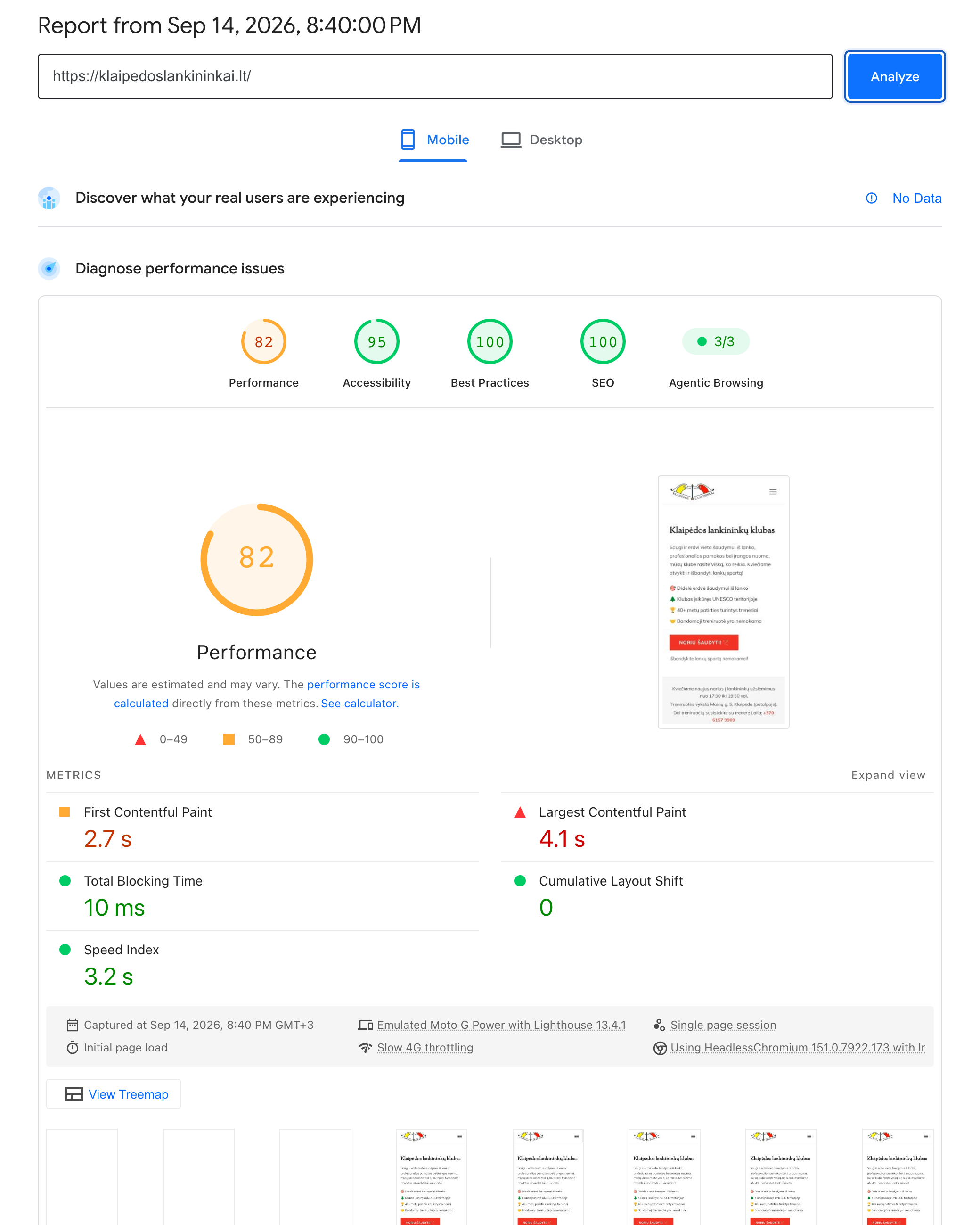 Google PageSpeed Insights telefono ataskaita: klaipedoslankininkai.lt, našumas 82, LCP 4,1 s